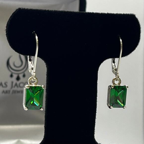 Beautiful 3ctw Emerald Cut Emerald Earrings in Sterling Silver May Birthstone - Picture 1 of 4